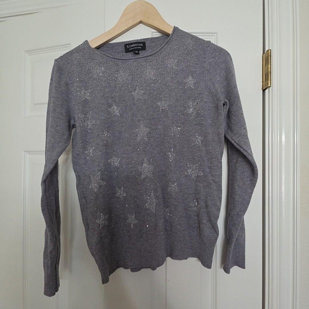 S. Christina Sweater Womens L/XL Gray 100% Cashmere Star Rhinestone Crew Neck